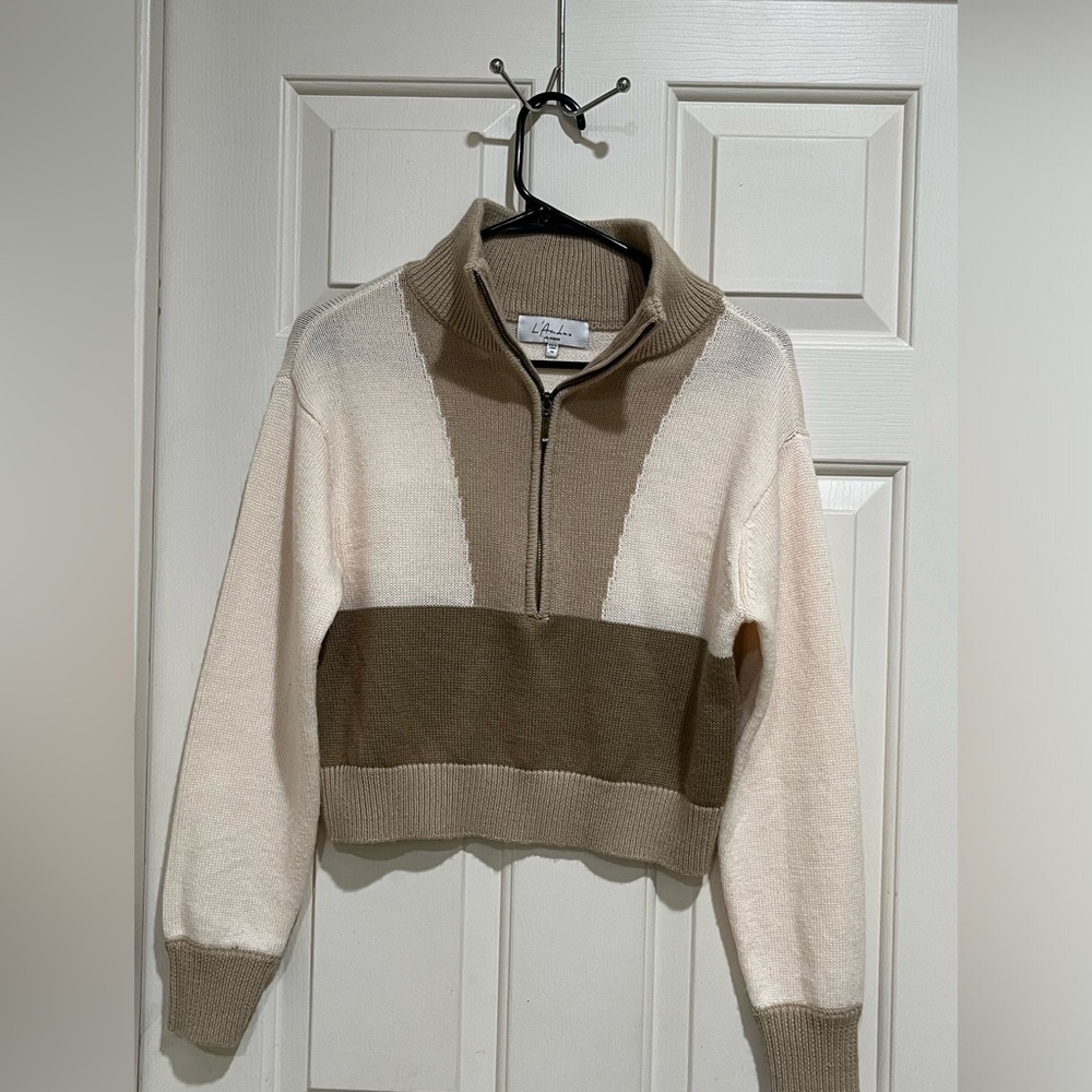 L'Academie Cream Knit QUARTER Zip-Neck Sweater COLOR BLOCK SIZE WOMEN SIZE XS